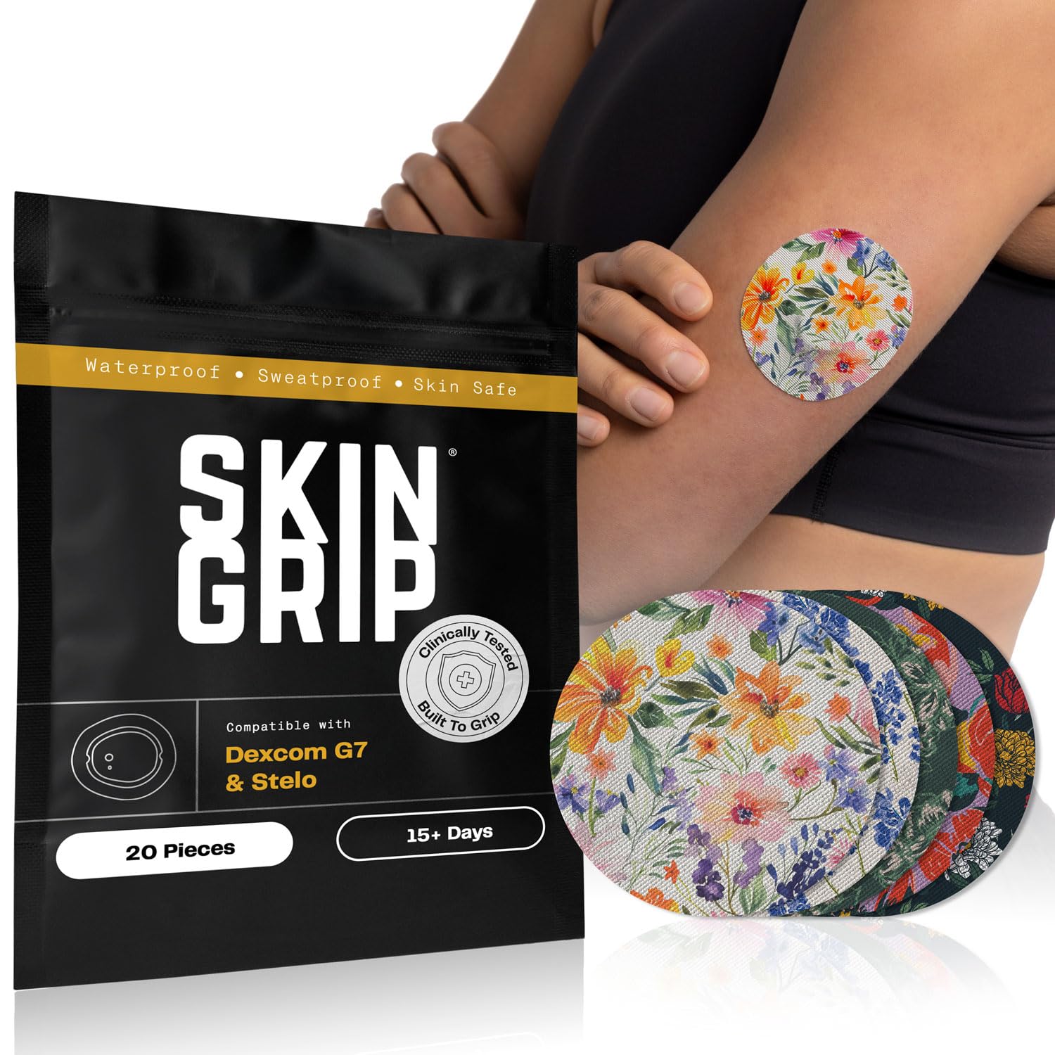 Skin Grip frontal del paquete mostrando compatibilidad con Dexcom G7 y Stelo, comodidad segura