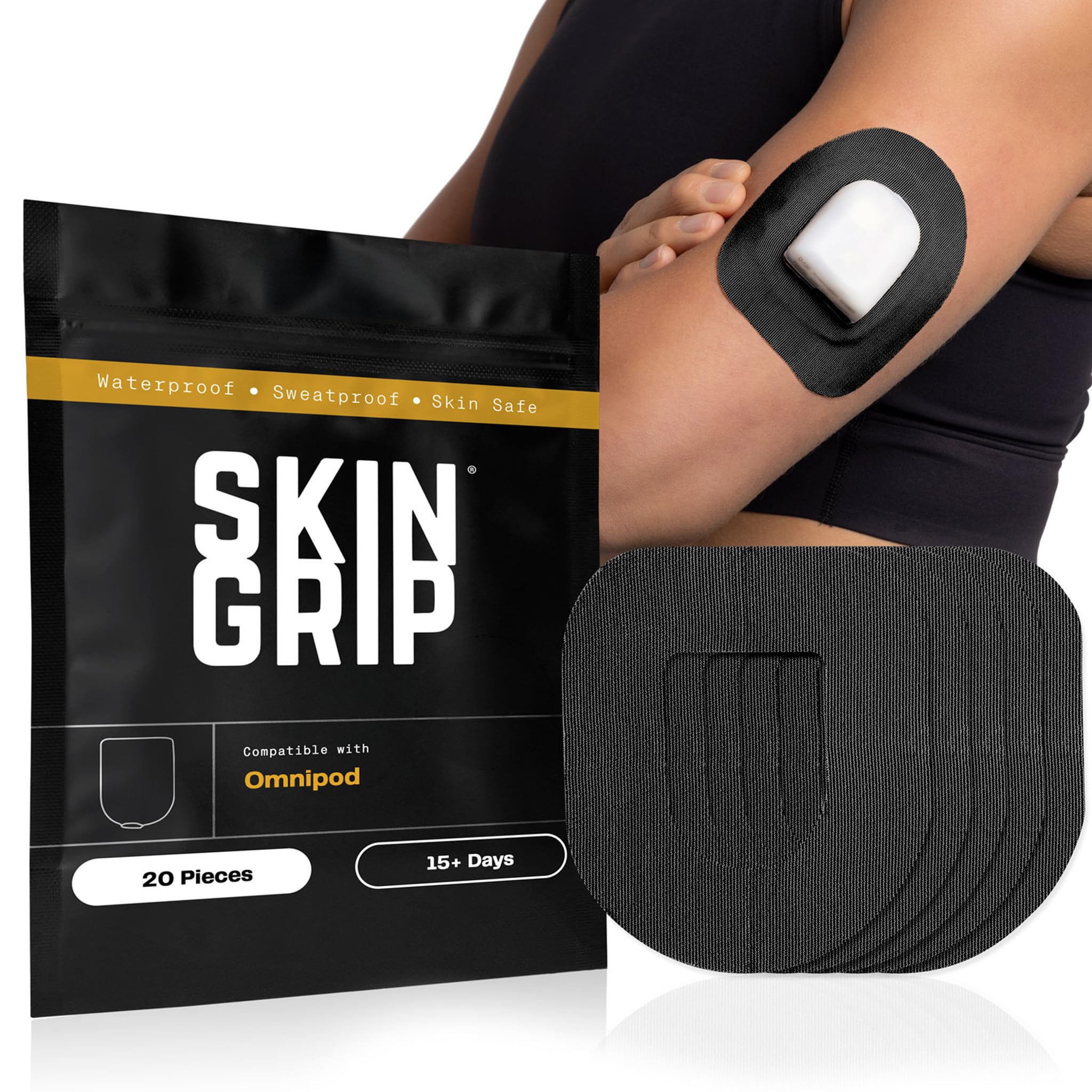Skin Grip vista frontal del embalaje que muestra compatibilidad Omnipod