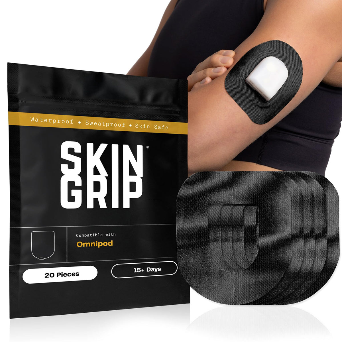 Skin Grip vista frontal del embalaje que muestra compatibilidad Omnipod