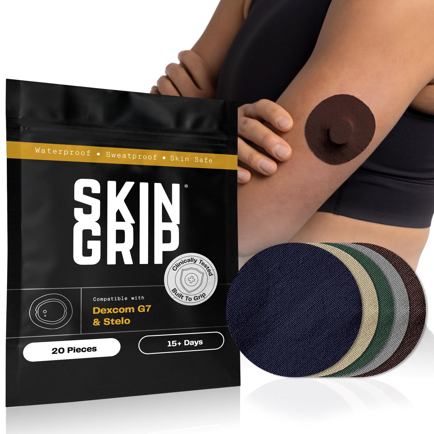 Skin Grip paquete frontal mostrando parches y compatibilidad con G7 beneficio sujeción prolongada