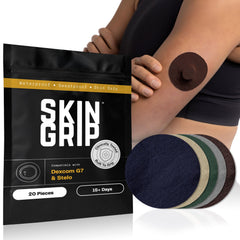 Skin Grip paquete frontal mostrando parches y compatibilidad con G7 beneficio sujeción prolongada