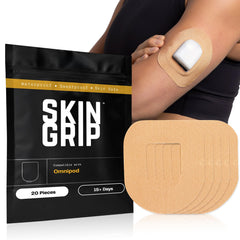 Skin Grip parche frontal en empaque mostrando ajuste para Omnipod 5 y DASH
