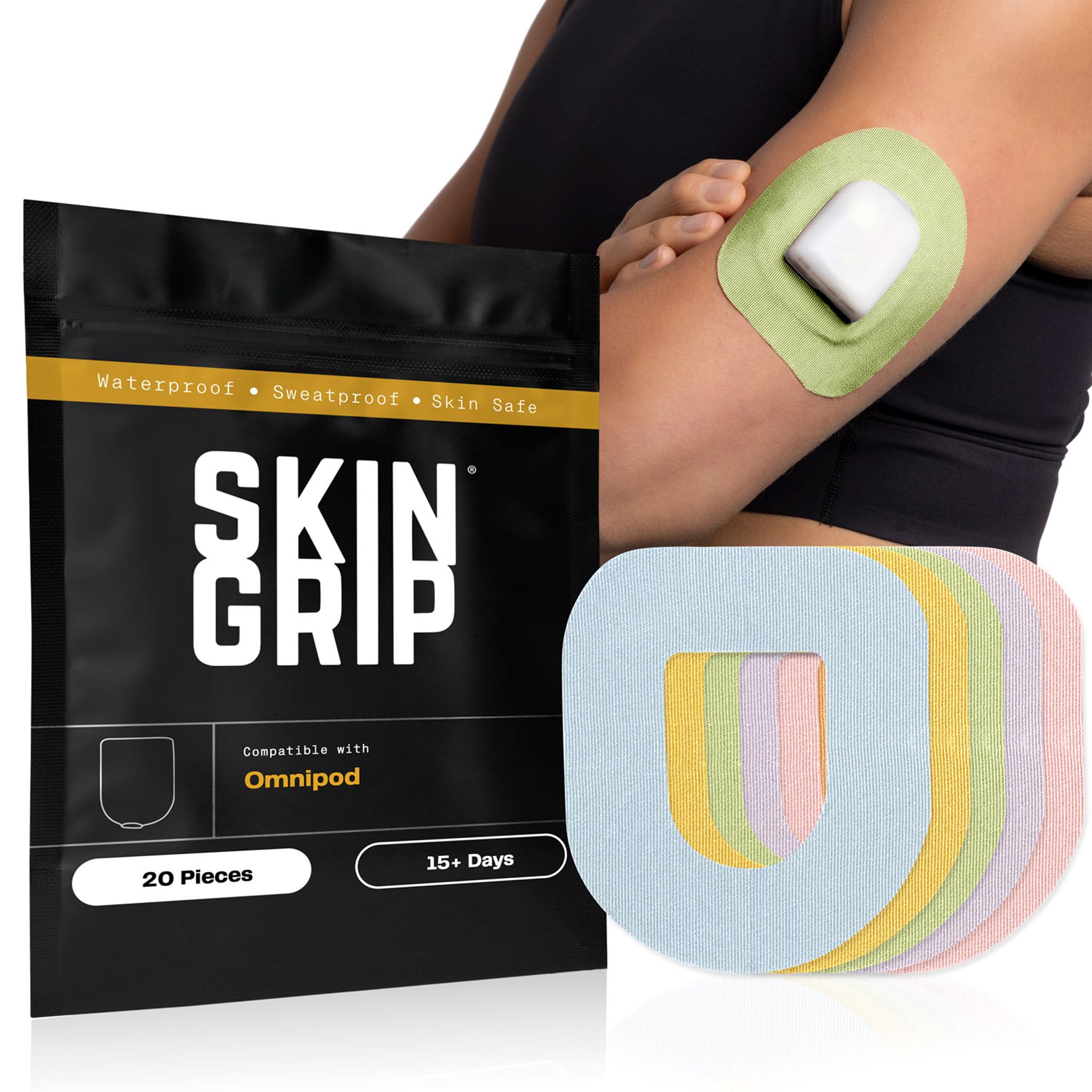Skin Grip frontal del empaque mostrando parches y ajuste seguro