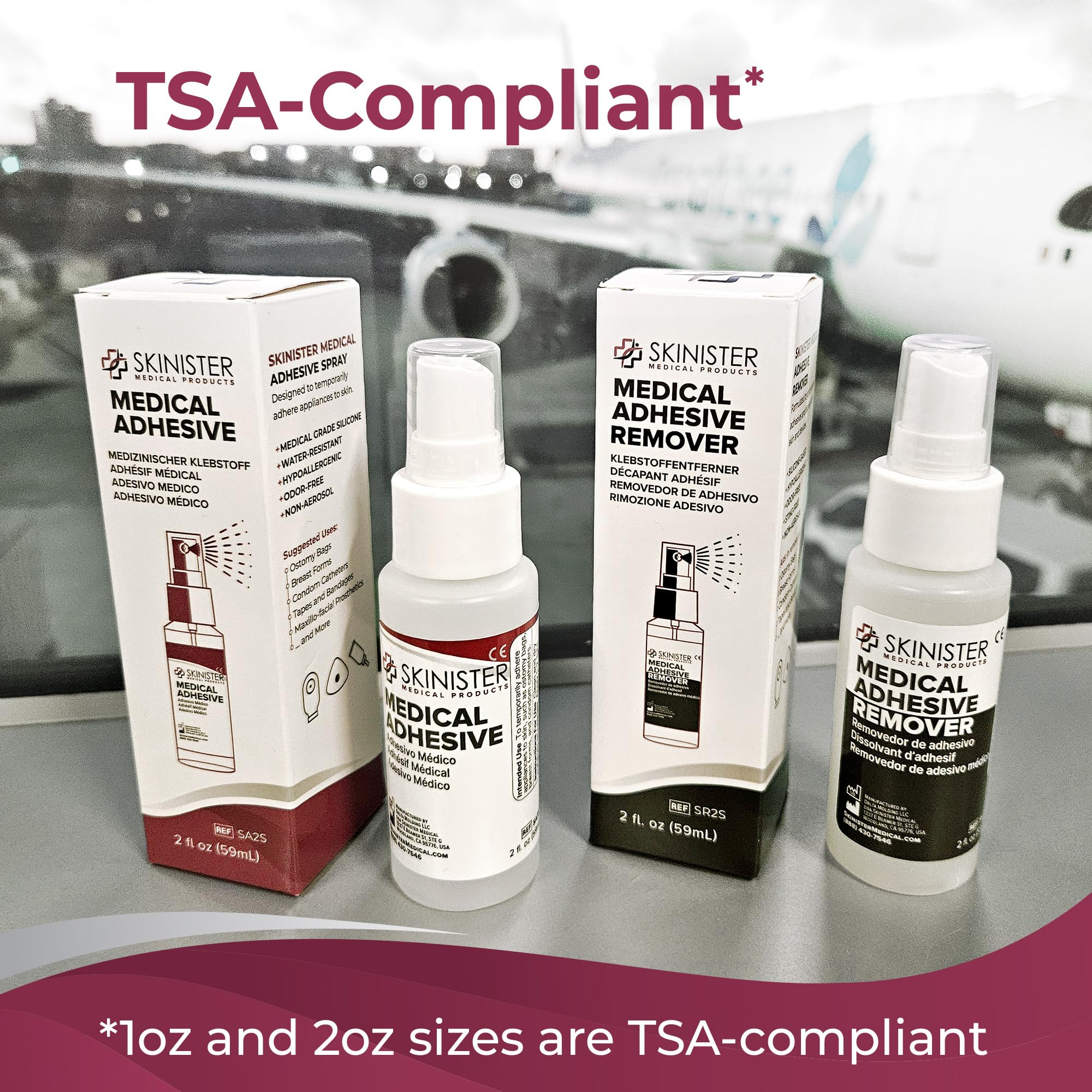 comparación de botellas 1oz y 2oz de Skinister para viajes