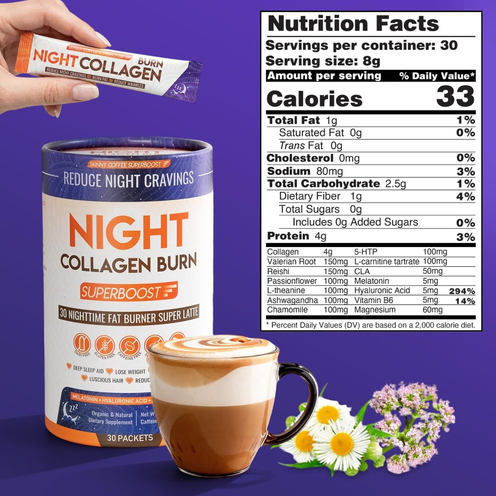 Skinny Coffee SuperBoost bebida nocturna en taza creando ambiente calmante
