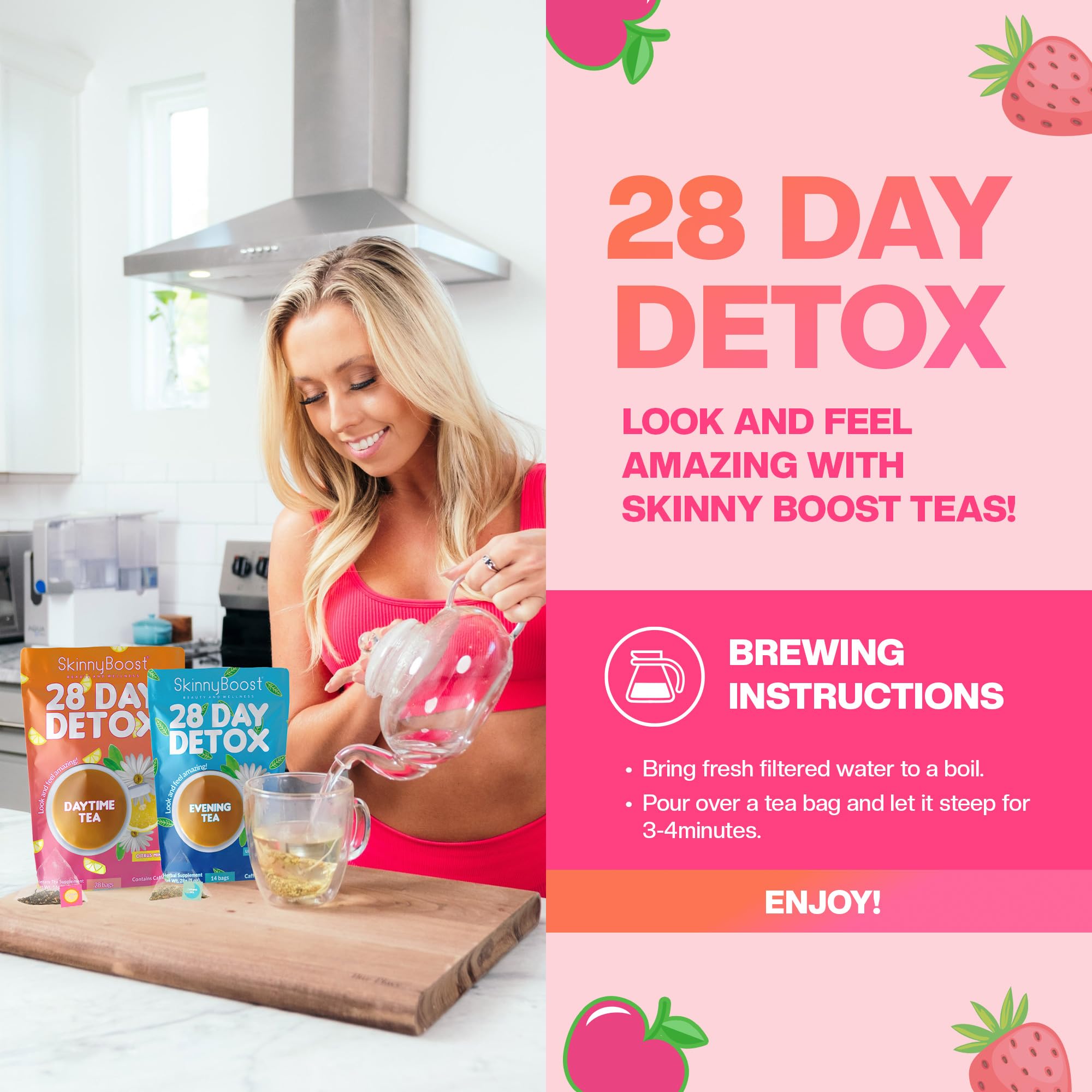 SkinnyBoost taza en cocina por la noche, ambiente relajante antes de dormir