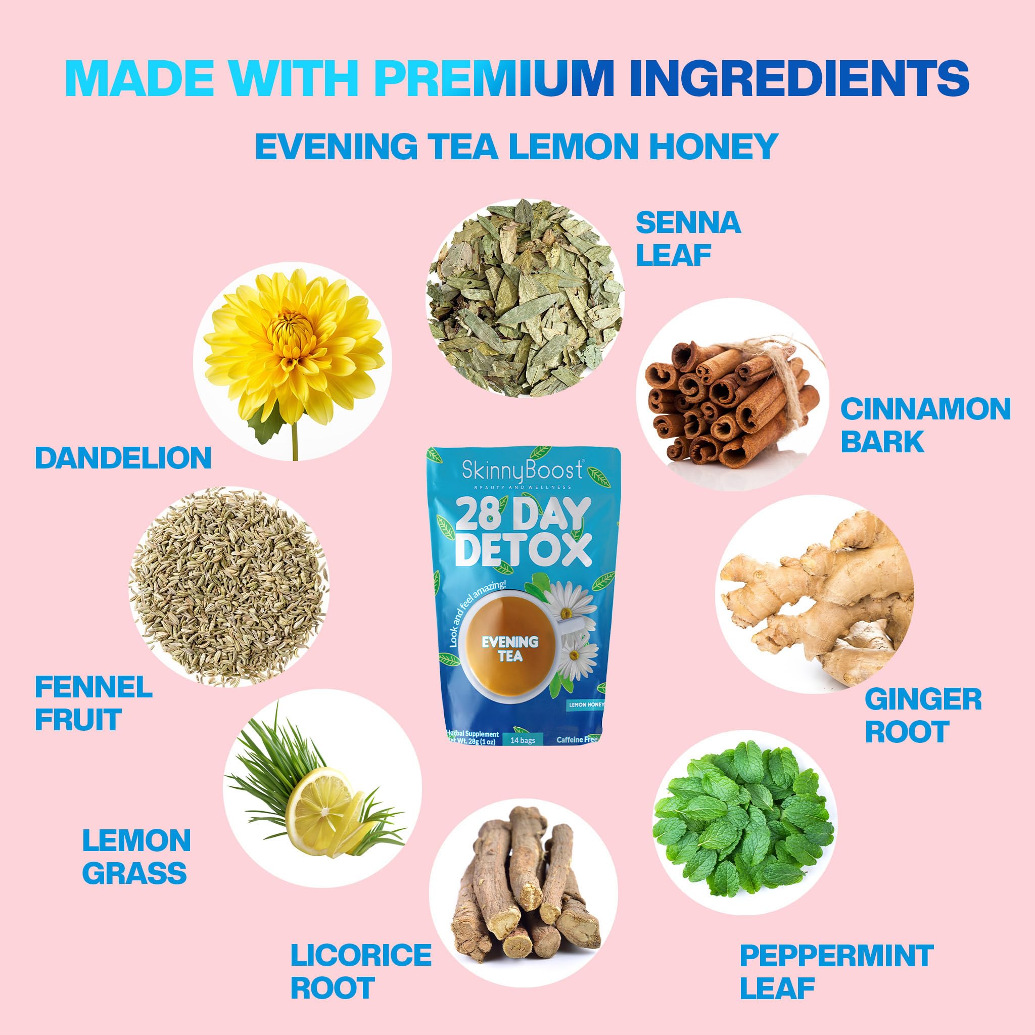 SkinnyBoost caja abierta con 14 bolsitas, conveniencia para 14 noches