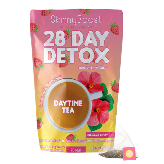 SkinnyBoost caja frontal Hibiscus Berry mostrando diseño y beneficios
