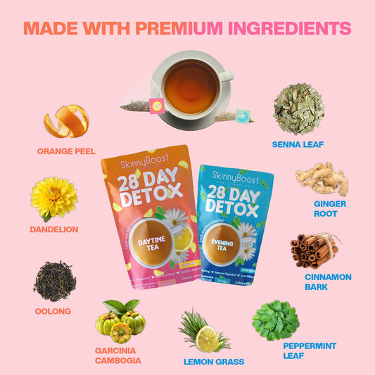 Detalle de hojas de té SkinnyBoost y textura natural, mostrando ingredientes premium
