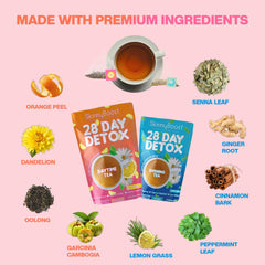 Detalle de hojas de té SkinnyBoost y textura natural, mostrando ingredientes premium