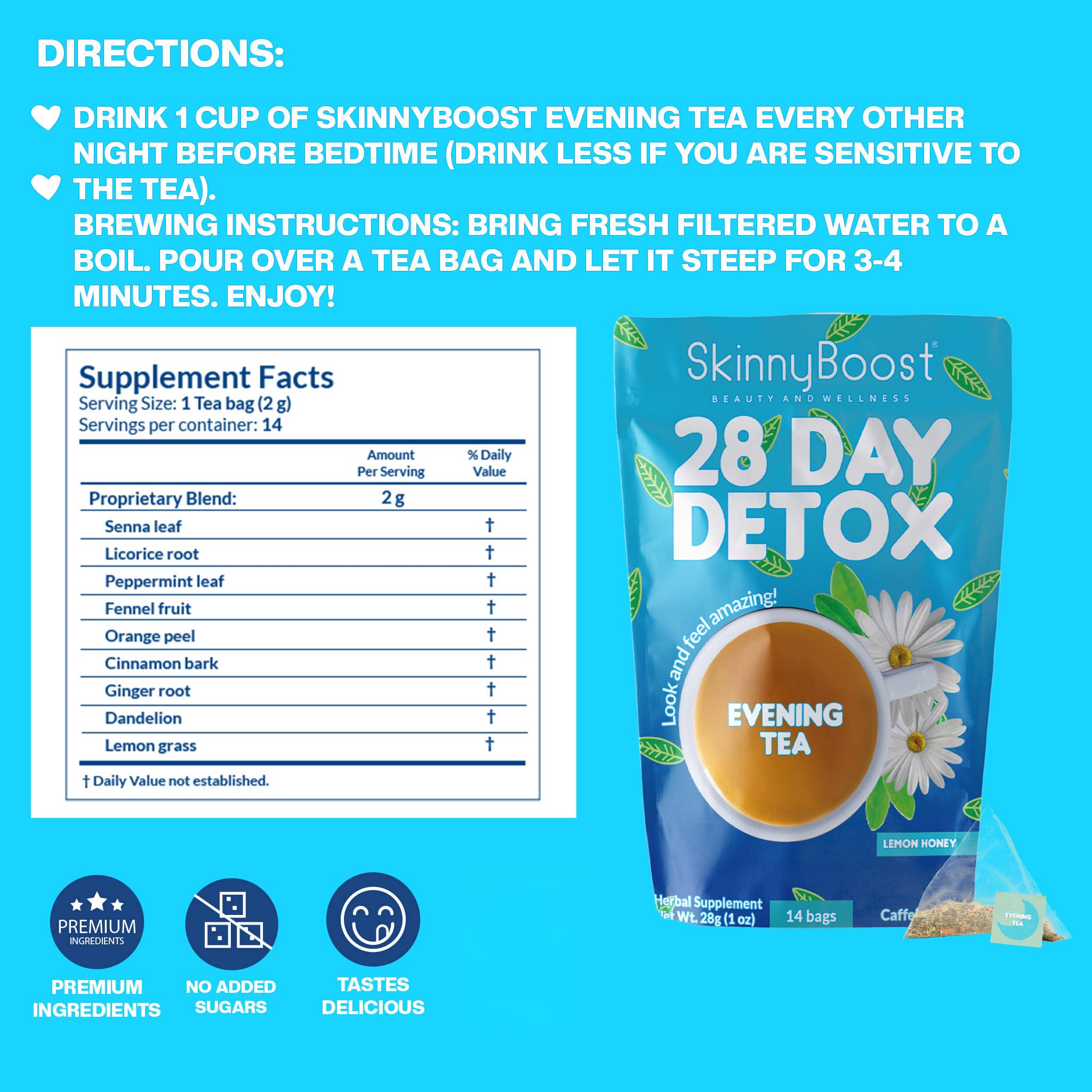 SkinnyBoost hojas secas en primer plano, calidad de ingredientes naturales