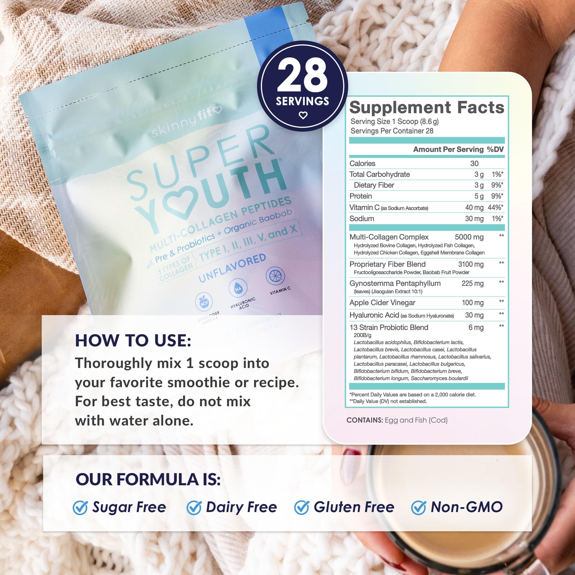 SkinnyFit scoop y envase mostrando tamaño de 28 porciones