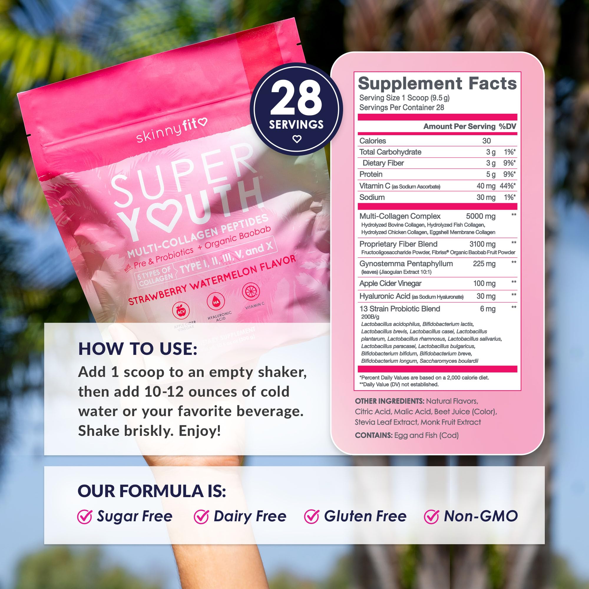 SkinnyFit envase junto a cuchara para mostrar tamaño de porción