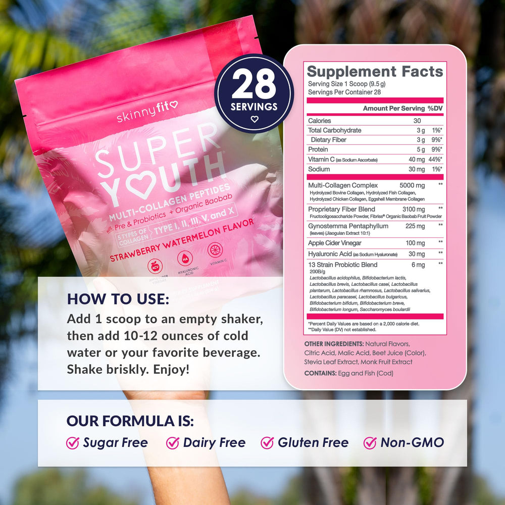 SkinnyFit envase junto a cuchara para mostrar tamaño de porción
