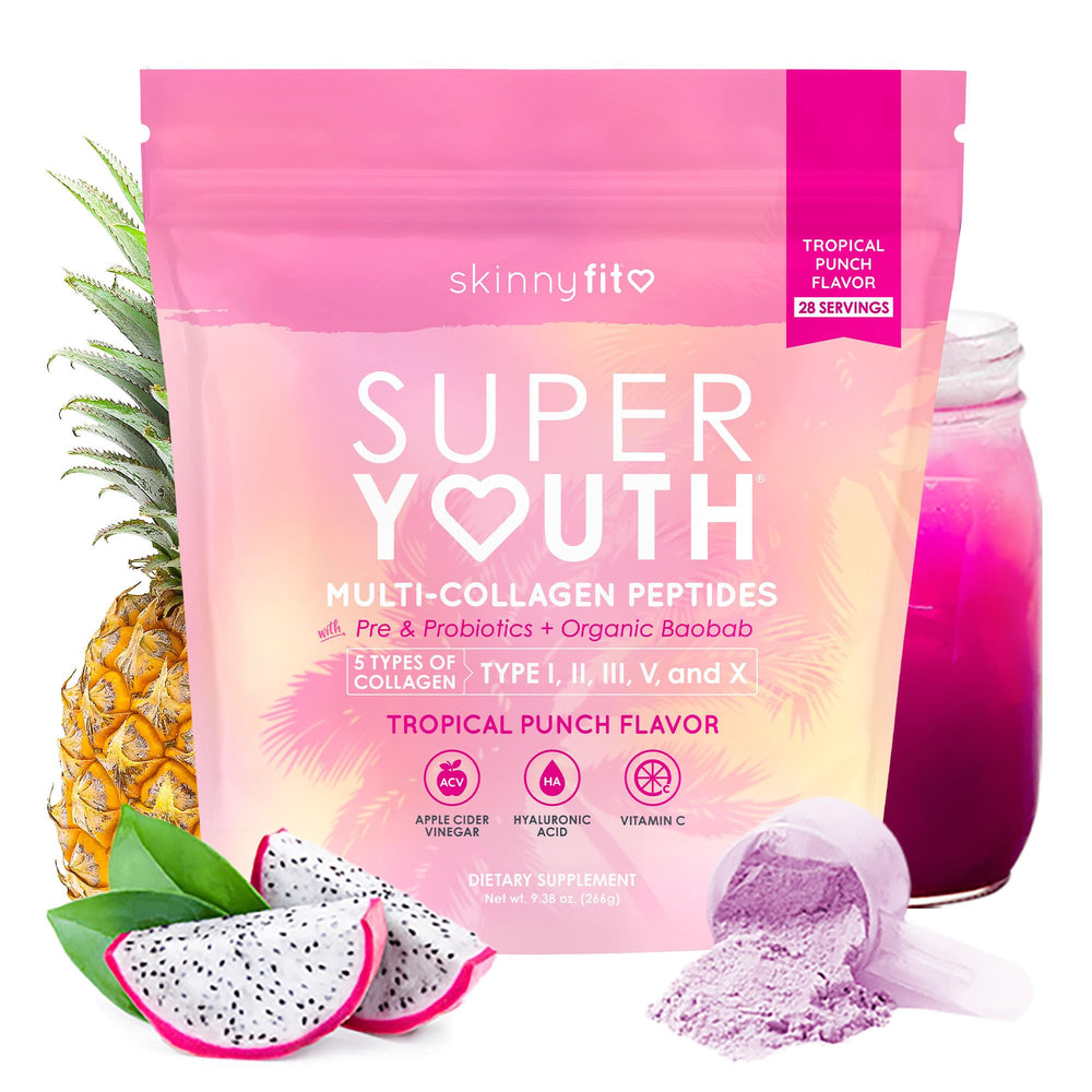 SkinnyFit empaque frontal Super Youth muestra sabor Tropical Punch y beneficios claros
