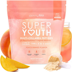 SkinnyFit envase Super Youth Collagen vista frontal y beneficios de belleza