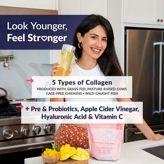 Polvo de SkinnyFit Super Youth Collagen textura con aroma durazno mango