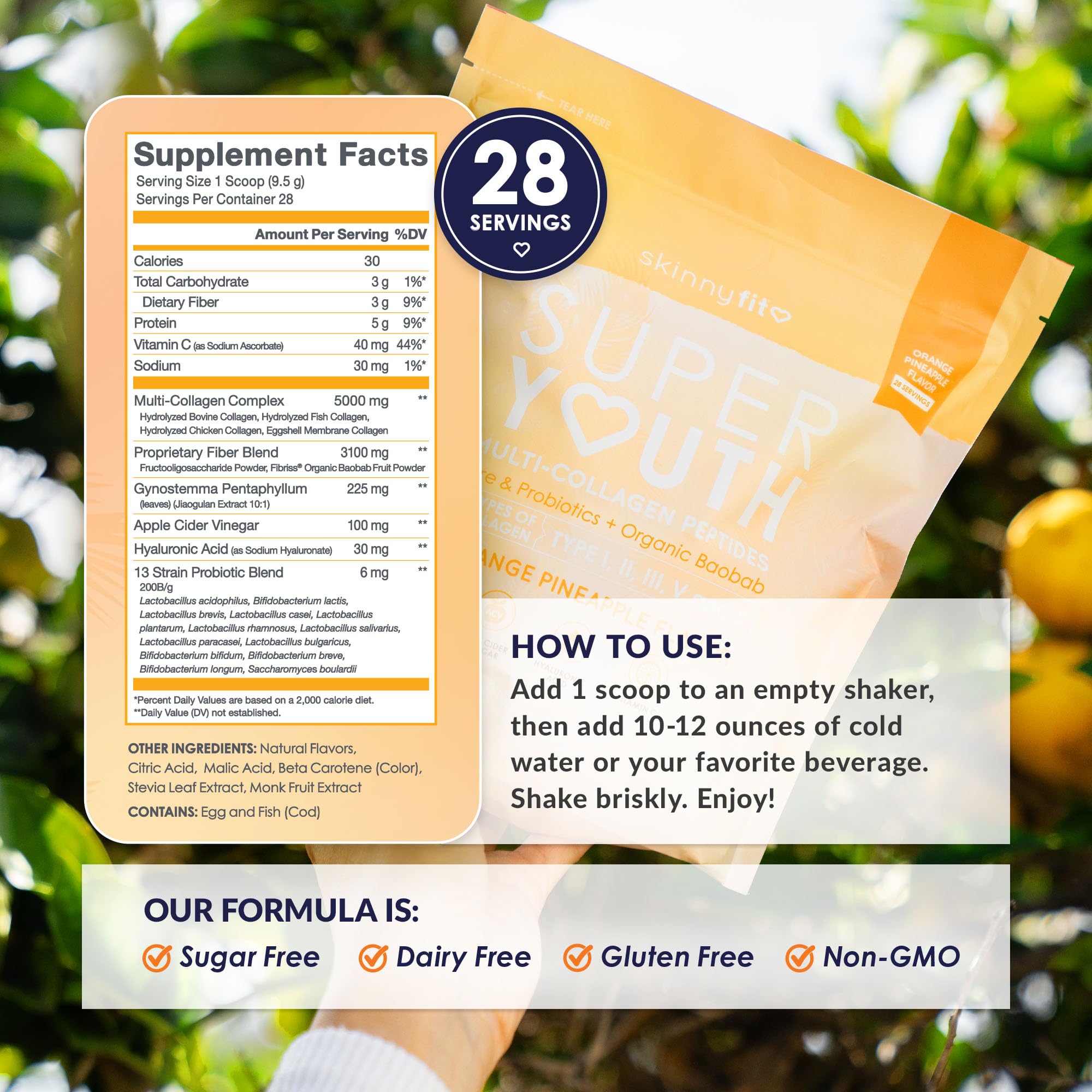Detalle de la etiqueta SkinnyFit con lista de ingredientes y beneficios transparentes