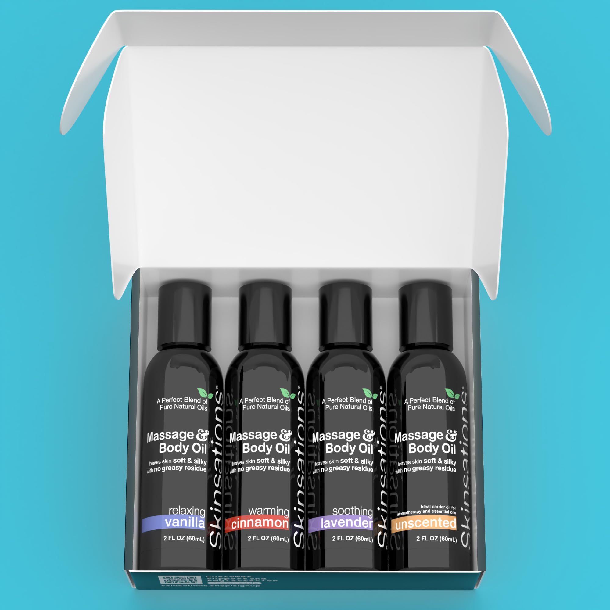 Skinsations botellas en detalle con tapas seguras y beneficio transporte