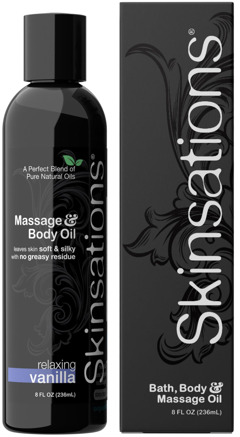 Skinsations botella frontal con aroma vainilla, presentando limpieza y confianza