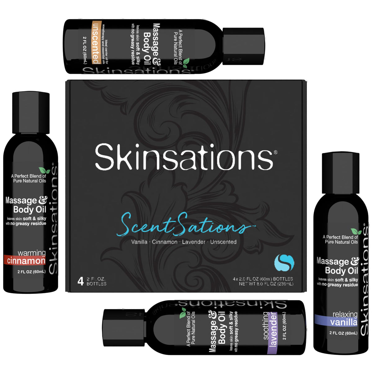 Skinsations estuche frontal mostrando las cuatro botellas y beneficio variedad
