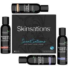 Skinsations estuche frontal mostrando las cuatro botellas y beneficio variedad