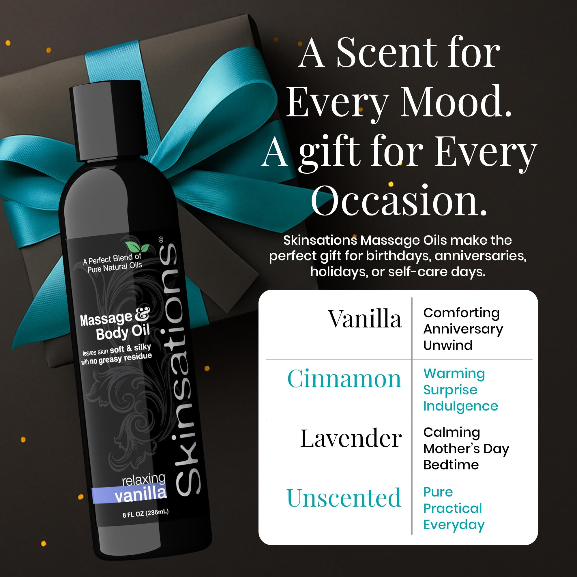 Skinsations Vanilla relaxing scent complements self-care rituals.