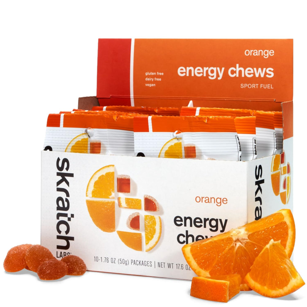 Skratch Labs paquete frontal naranja muestra portabilidad y energía rápida