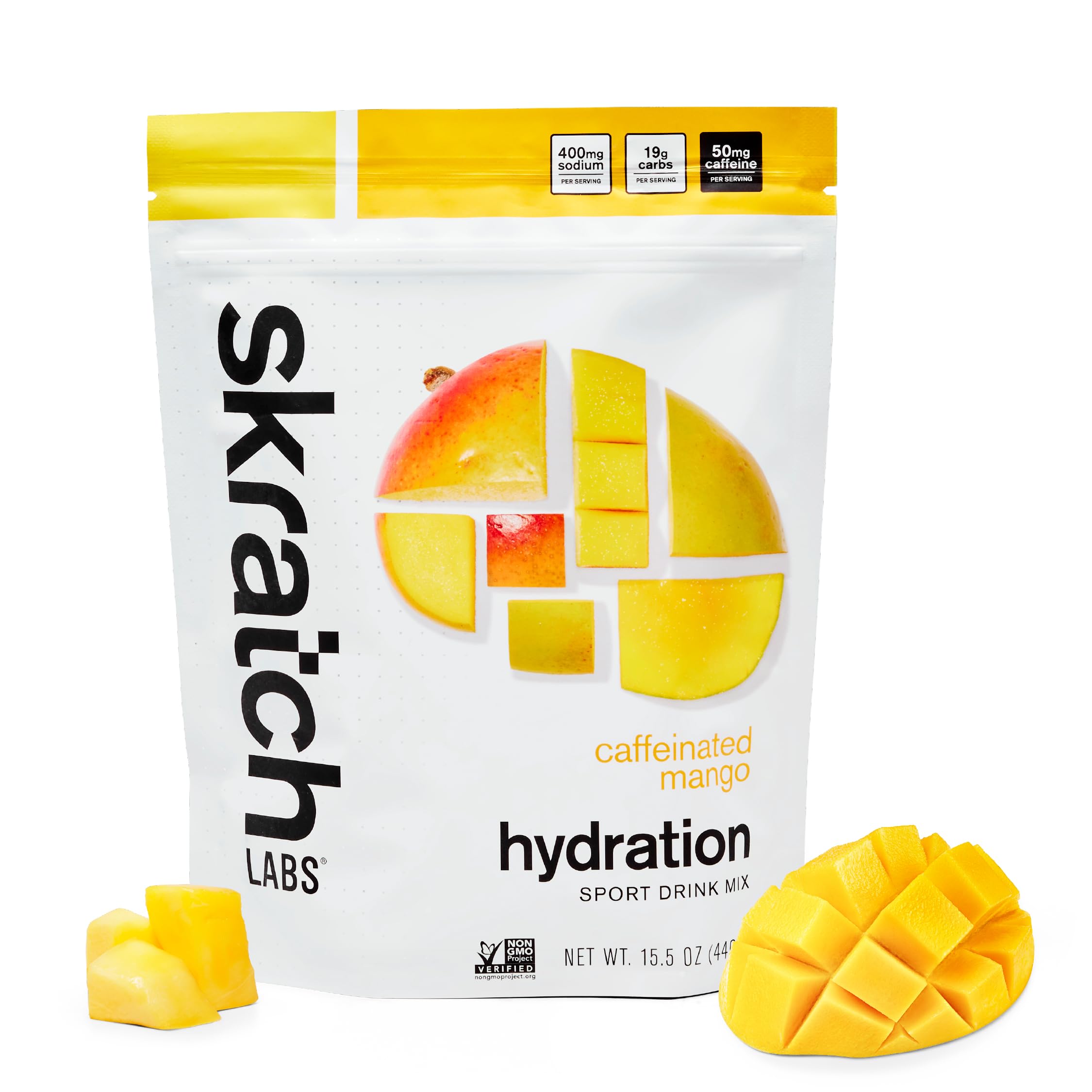 Skratch Labs envase frontal con sabor mango mostrando 20 porciones y beneficio de hidratación rápida
