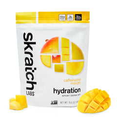 Skratch Labs envase frontal con sabor mango mostrando 20 porciones y beneficio de hidratación rápida