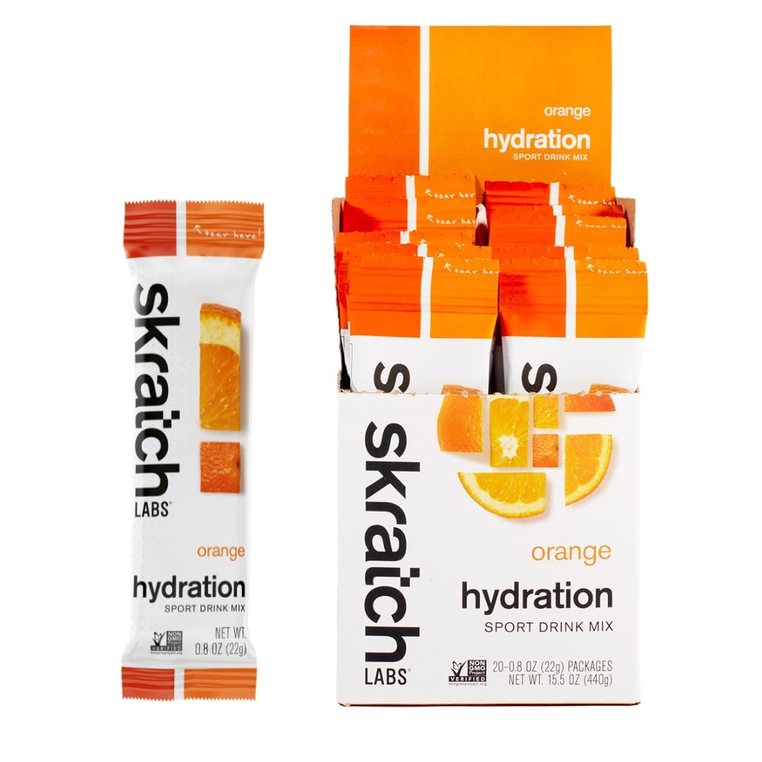 Skratch Labs empaque frontal naranja mostrando pack de 20 sobres, fácil transporte