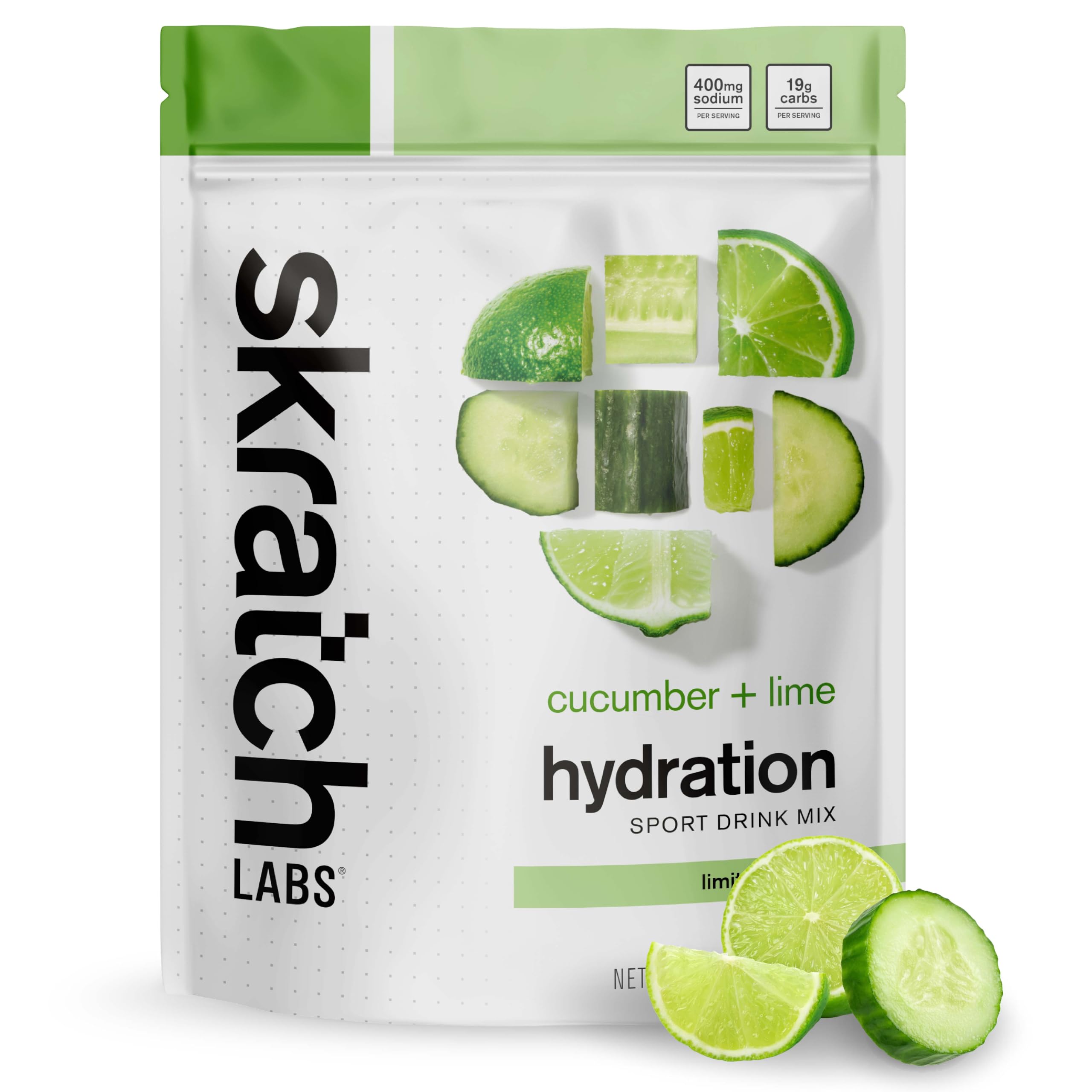 Skratch Labs frente del empaque mostrando sabor pepino y lima y ventaja refrescante