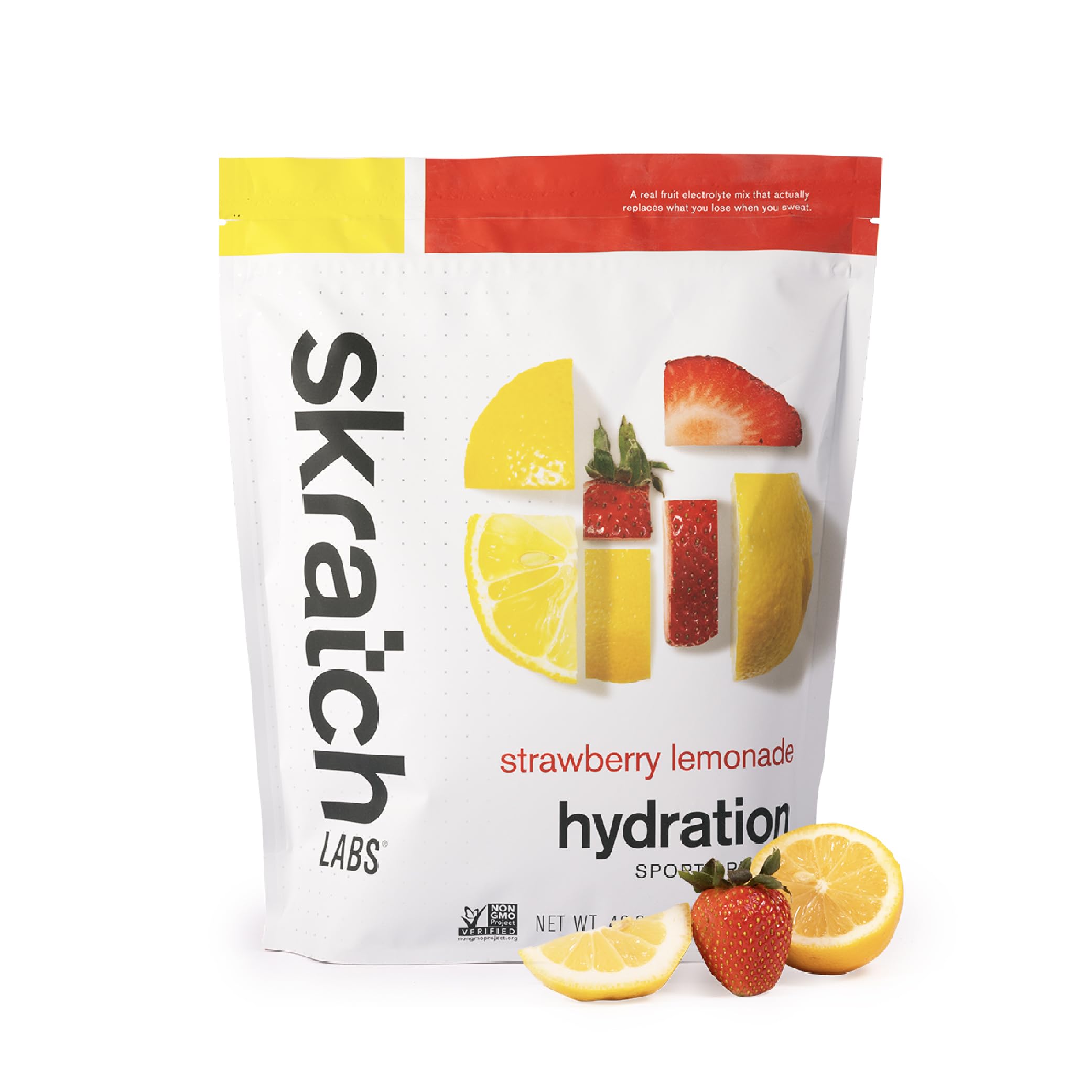 Skratch Labs frente del envase mostrando 60 servicios y beneficio de hidratación rápida