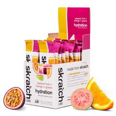 Skratch Labs frente del empaque mostrando sabor tropical y beneficios