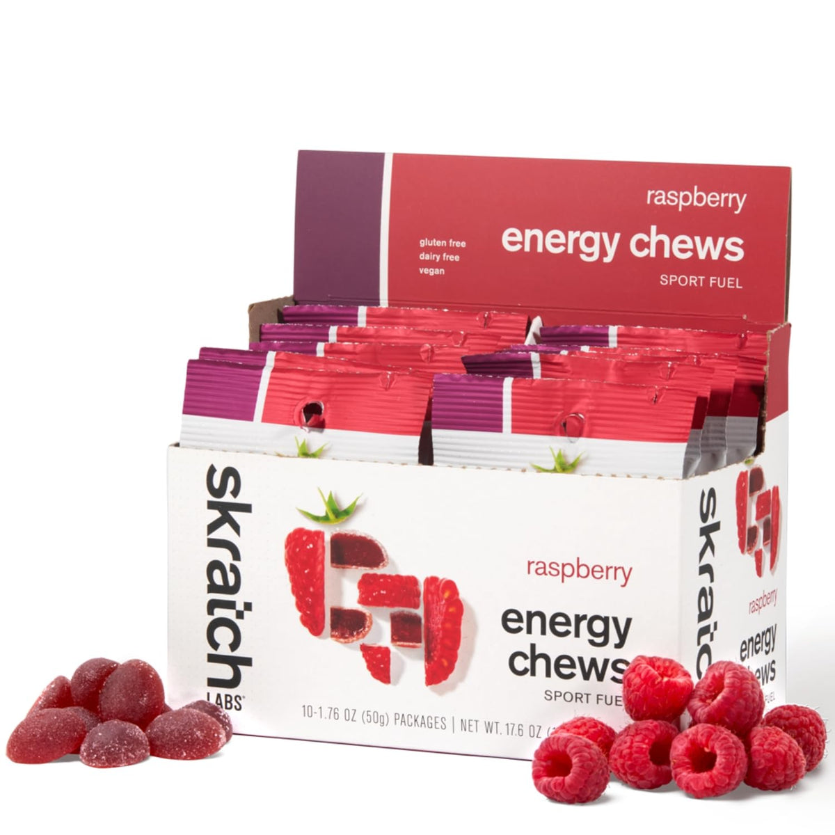 Skratch Labs empaque frontal frambuesa ofreciendo energía portátil