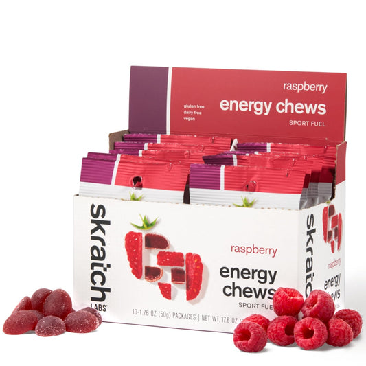 Skratch Labs empaque frontal frambuesa ofreciendo energía portátil