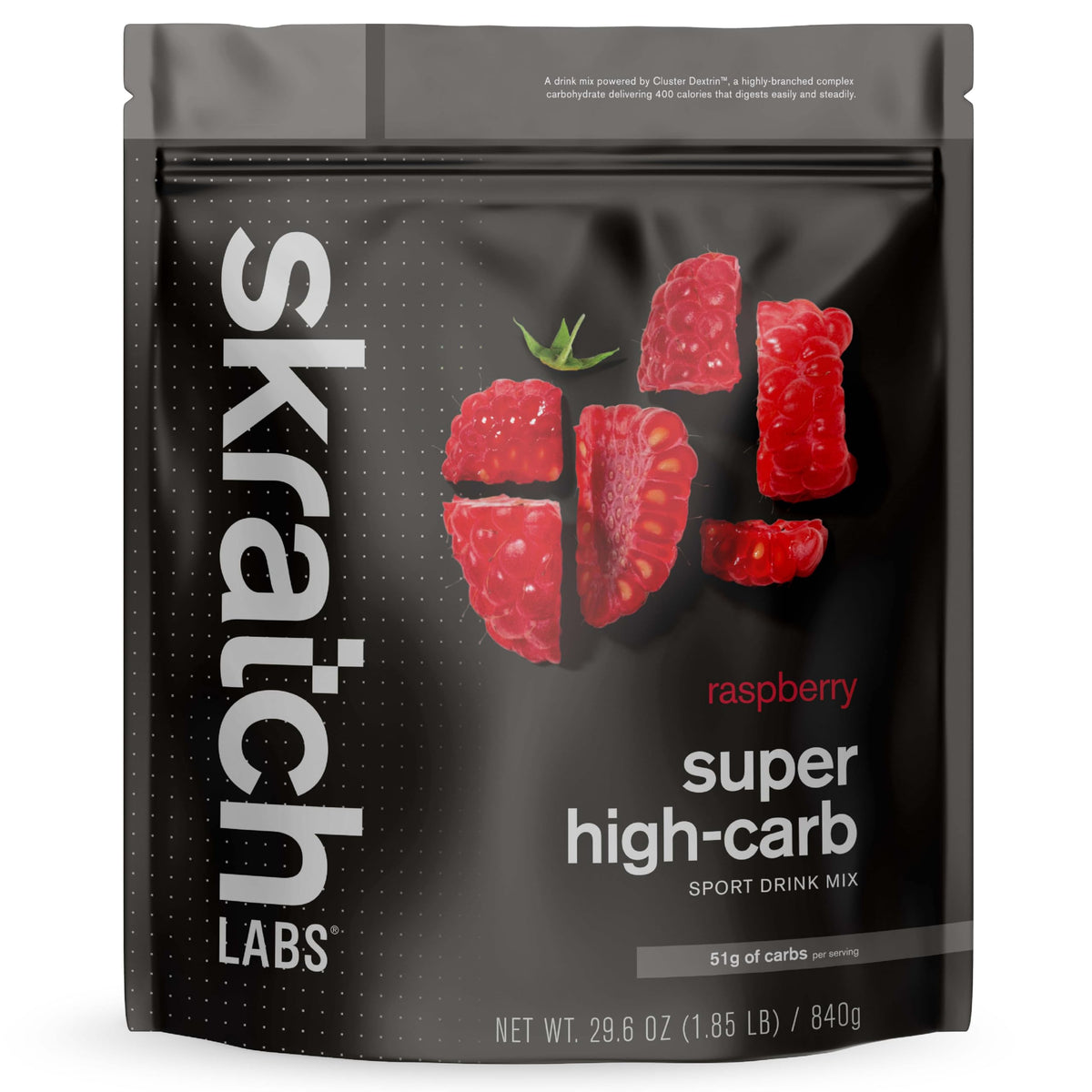 Skratch Labs envase frontal frambuesa mostrando 16 porciones y beneficios