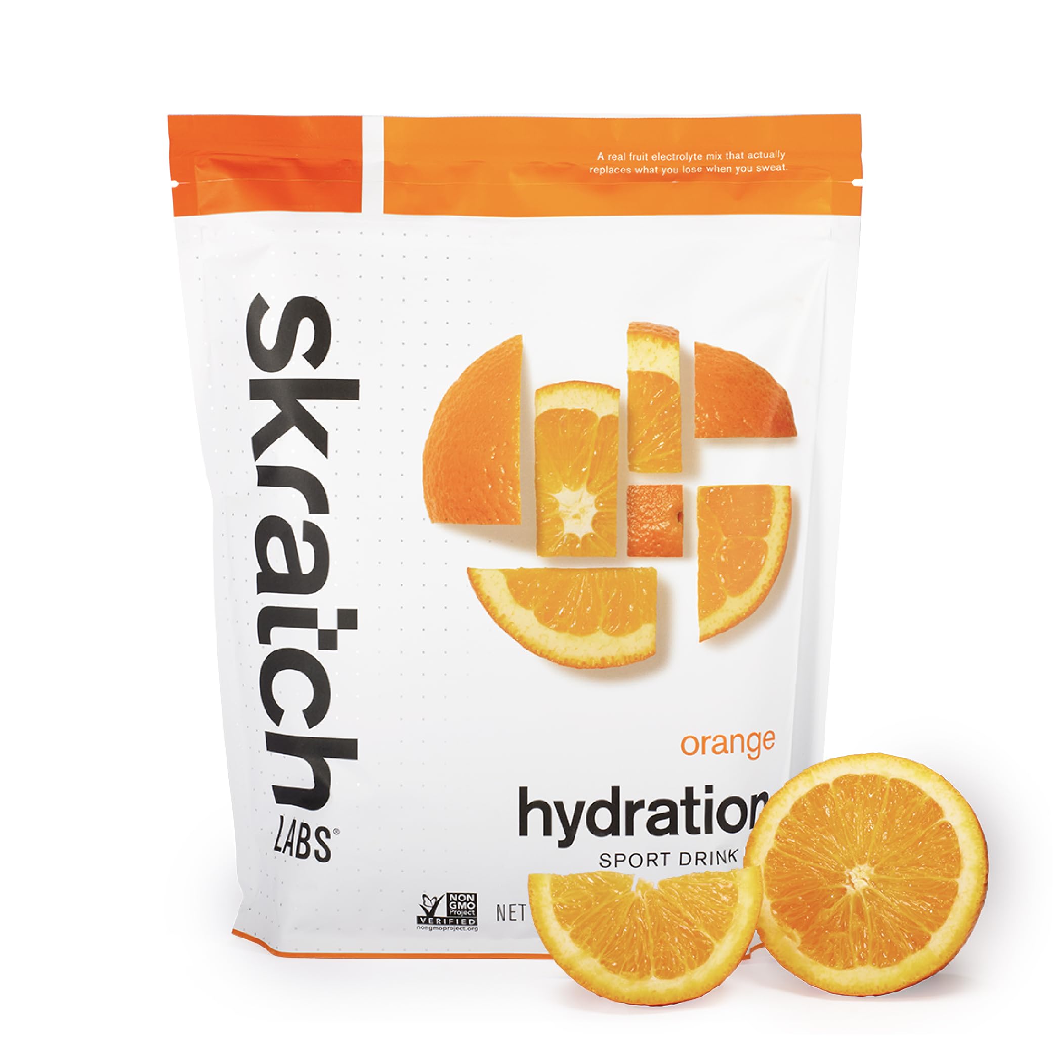skratch labs paquete frontal naranja mostrando marca y beneficio hidratación rápida