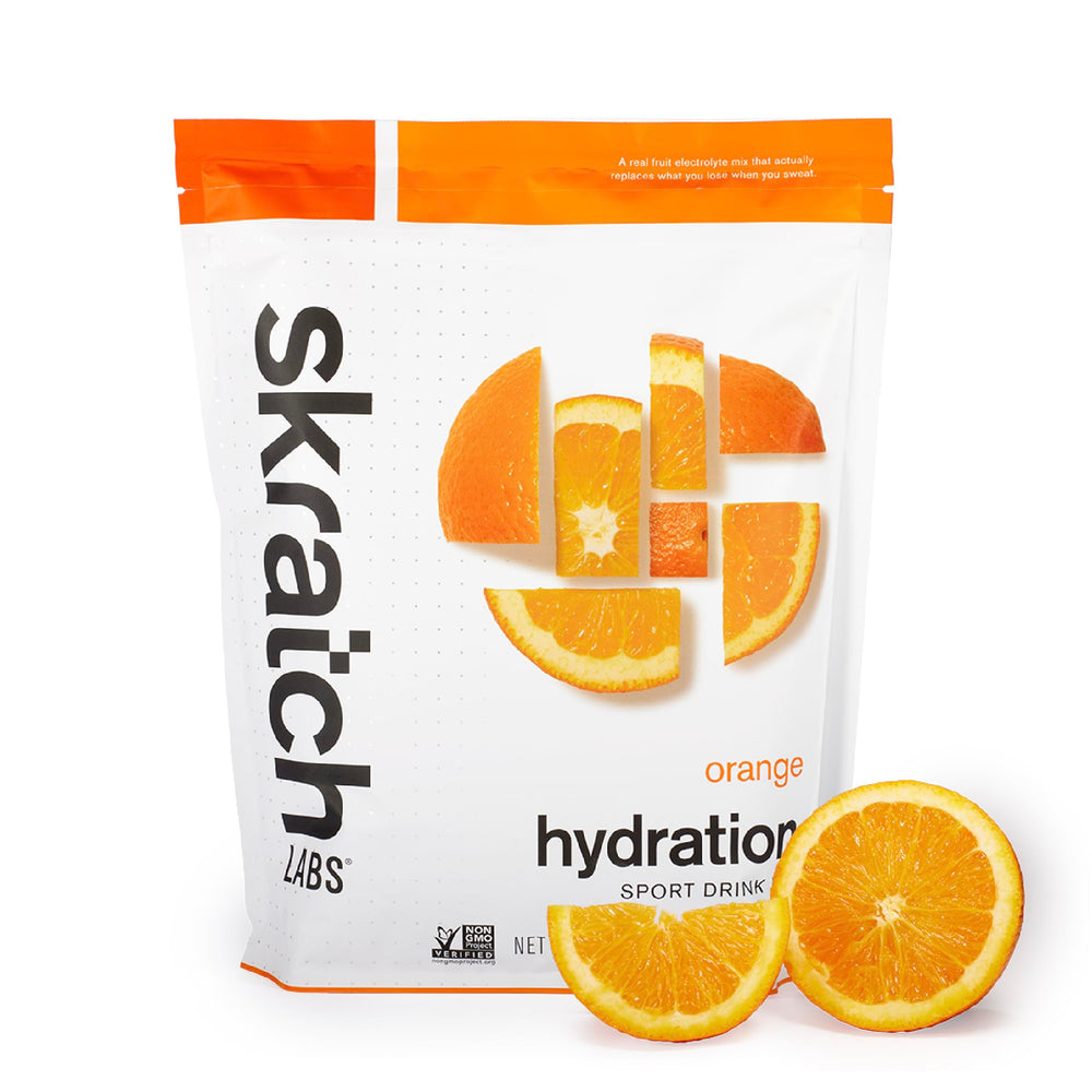 skratch labs paquete frontal naranja mostrando marca y beneficio hidratación rápida