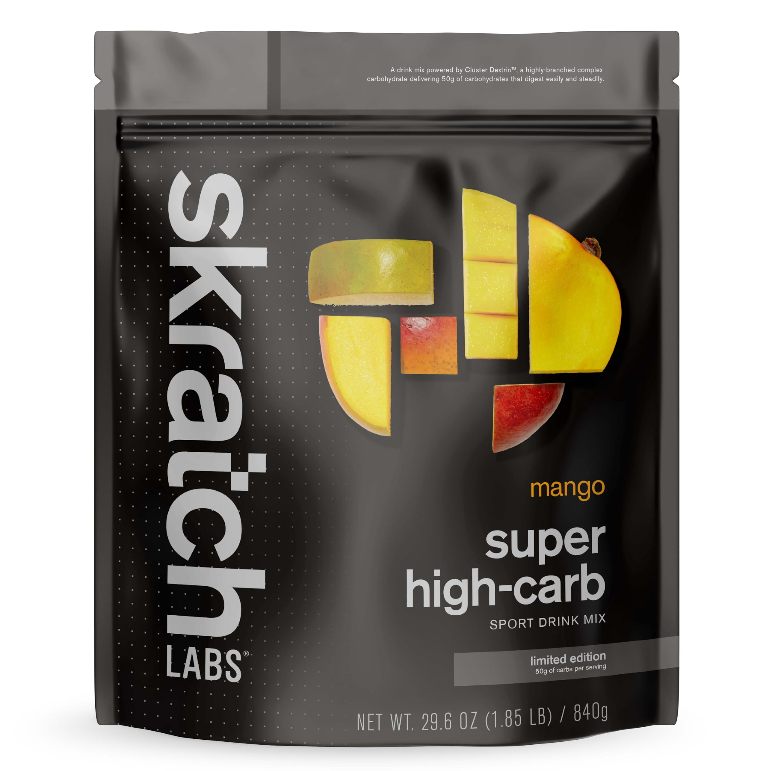 Skratch Labs frente del envase con sabor mango que muestra presentación clara
