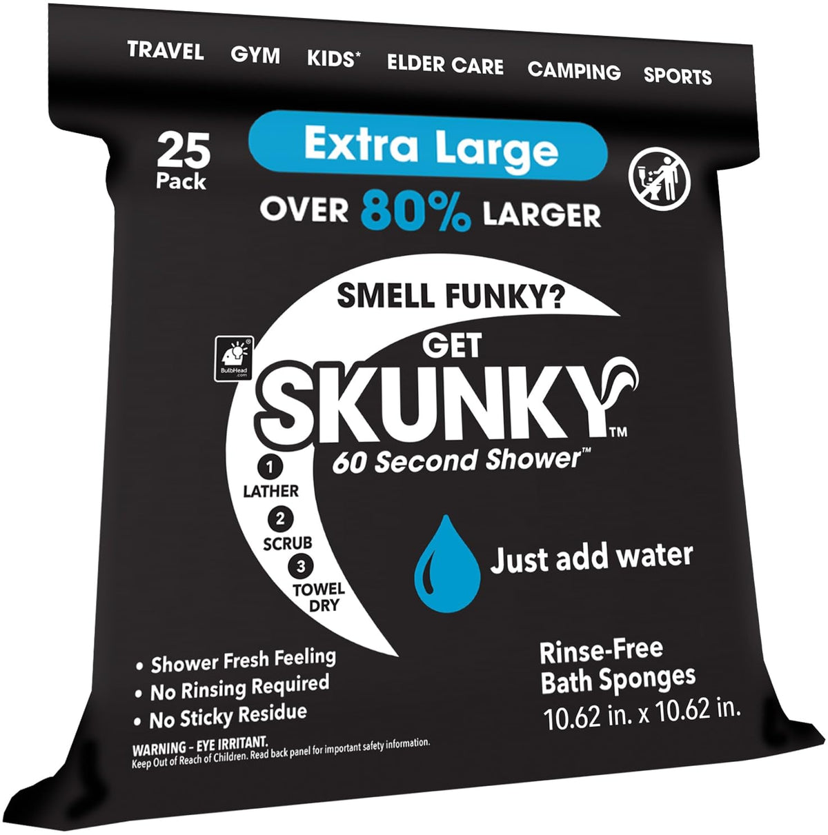 Skunky esponja XL frente del empaque mostrando cantidad y tamaño, práctica para viaje