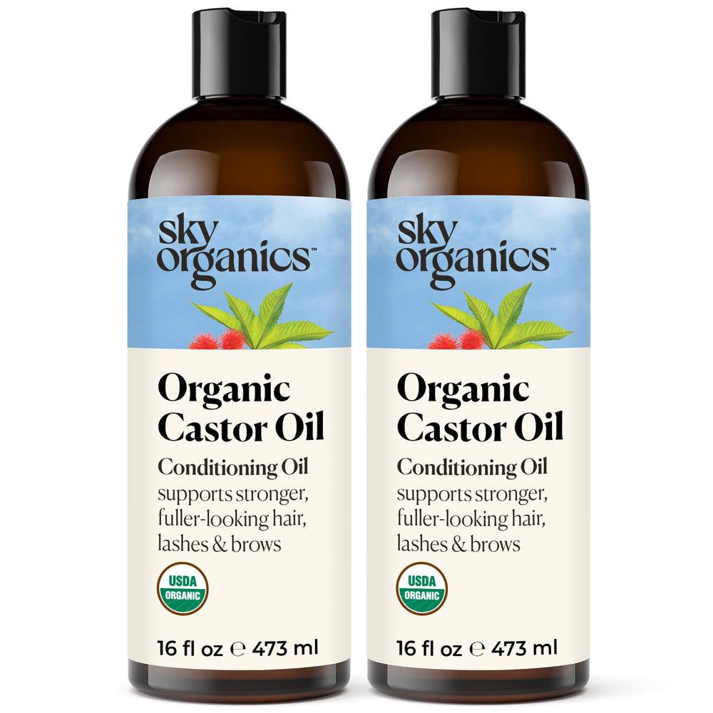 Sky Organics vista frontal del pack de 2 botellas, presentación y volumen práctico