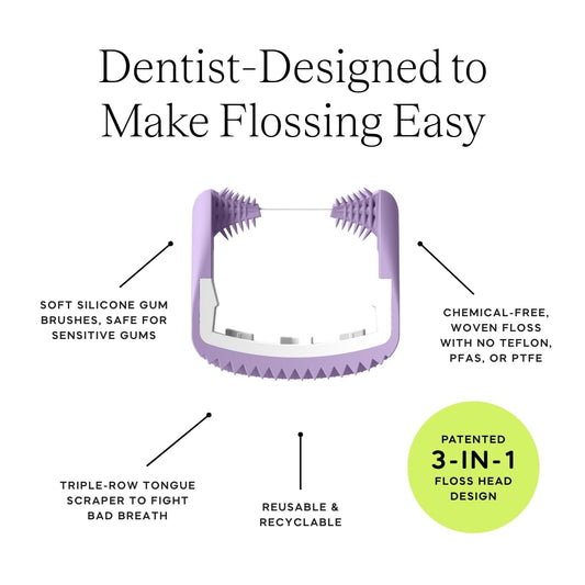Slate primer plano del hilo tejido desliza entre dientes ajustados