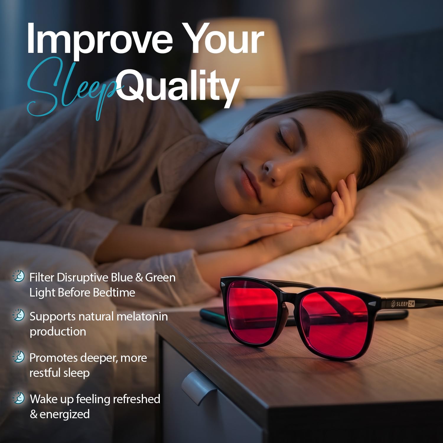 Sleep ZM lente ámbar mostrando filtro potente contra luz azul