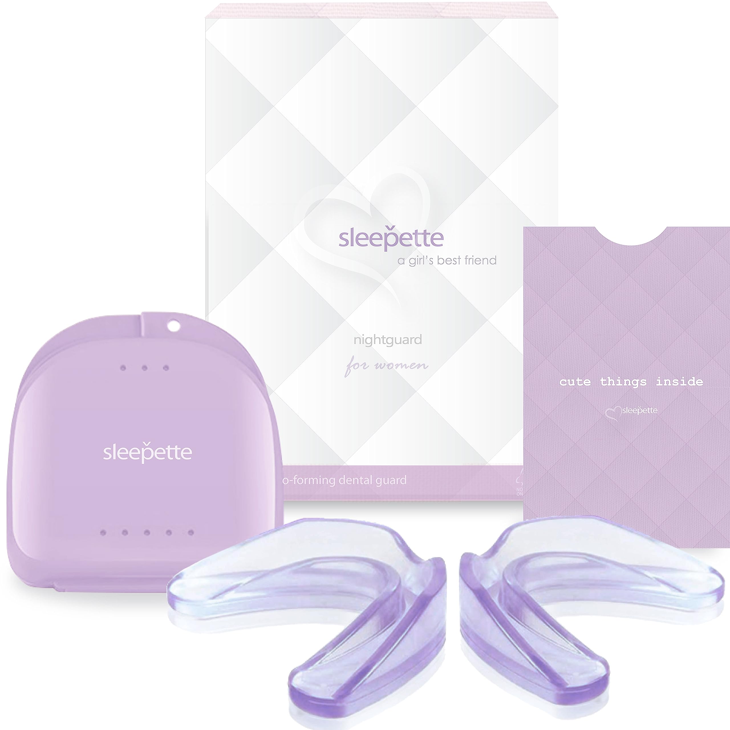 Sleepette frente del empaque mostrando las cuatro bandejas y la funda, protección dental visible