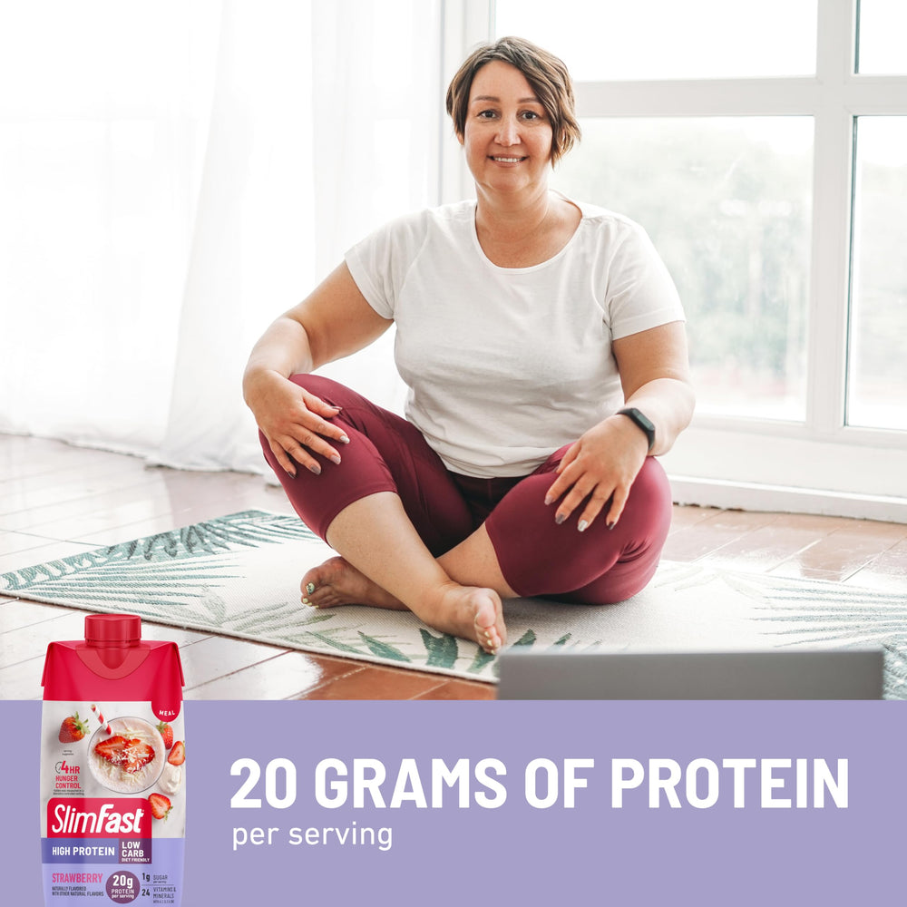 SlimFast batido fresa etiqueta nutricional resaltando proteína y vitaminas