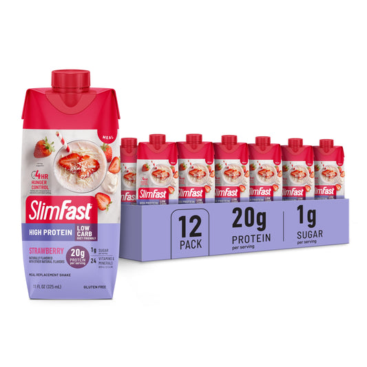 SlimFast batido fresa frente del envase mostrando diseño y practicidad