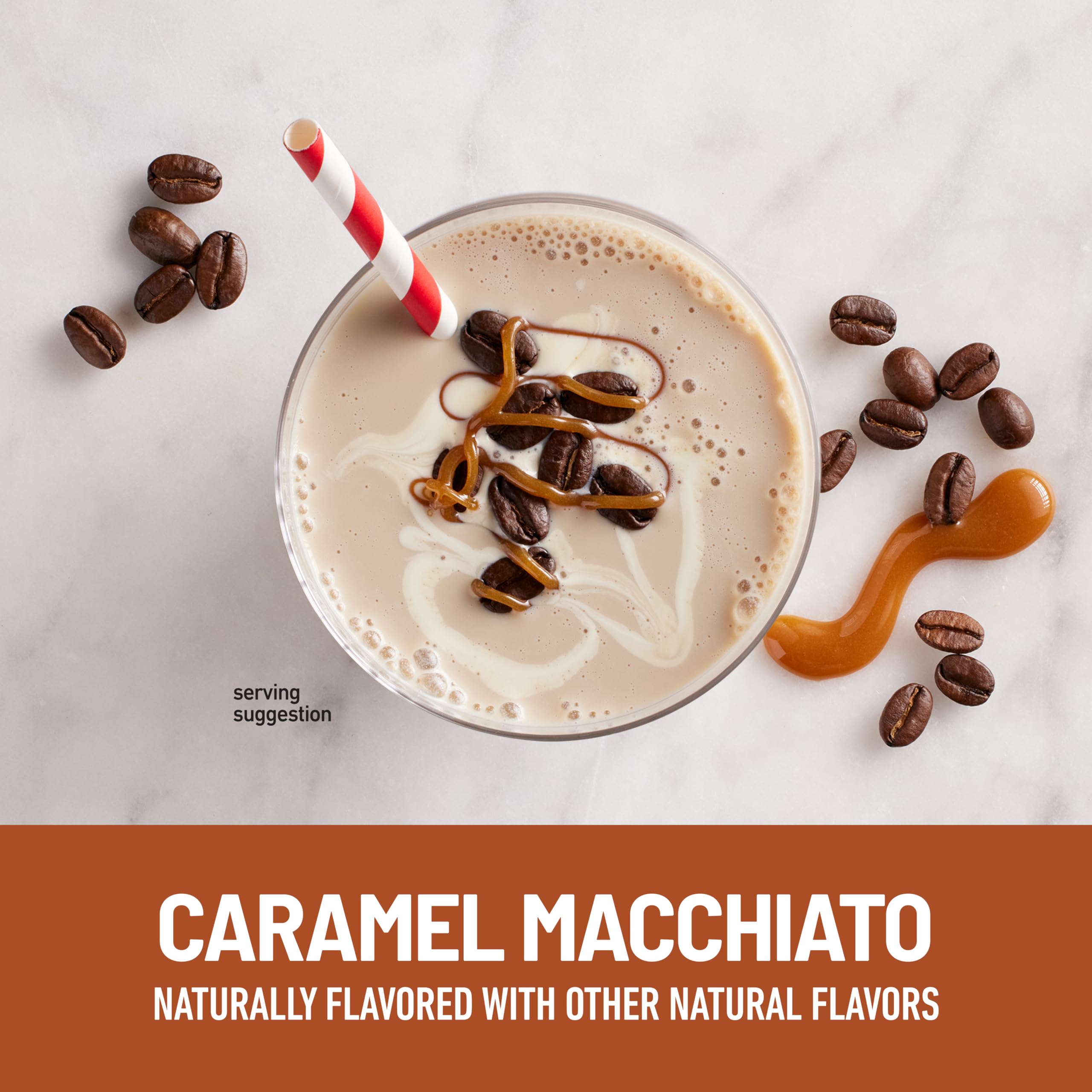 SlimFast batido Caramel Macchiato servido en vaso, oferta sabor cafeinado y práctico