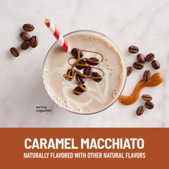 SlimFast batido Caramel Macchiato servido en vaso, oferta sabor cafeinado y práctico