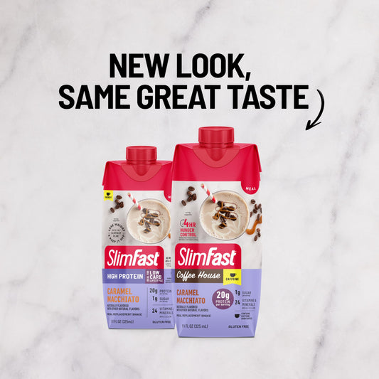 SlimFast textura cremosa del batido vertida, destacando consistencia y apetito saciante